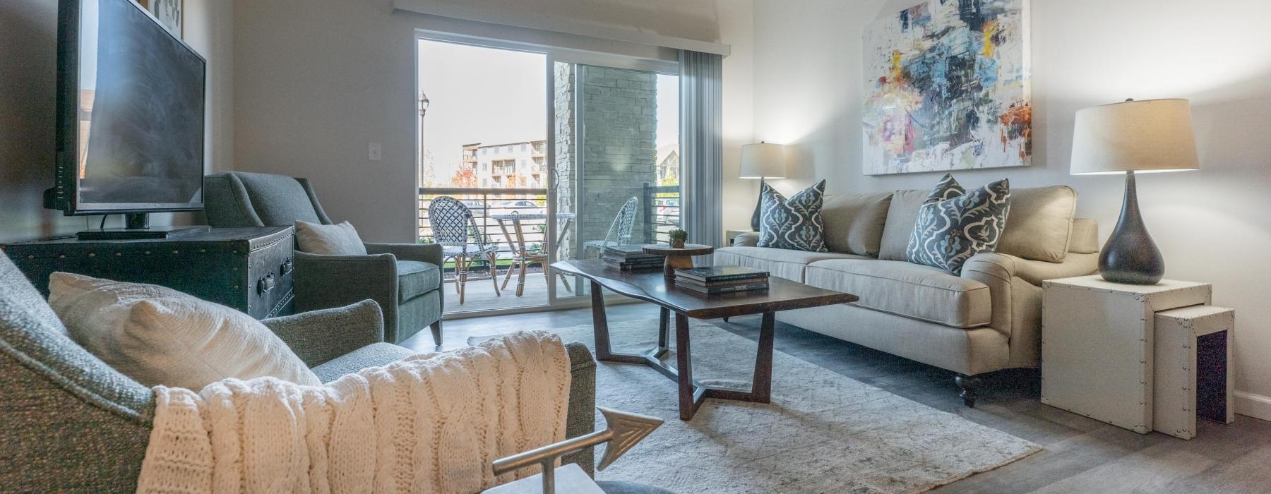 a living room with a large window